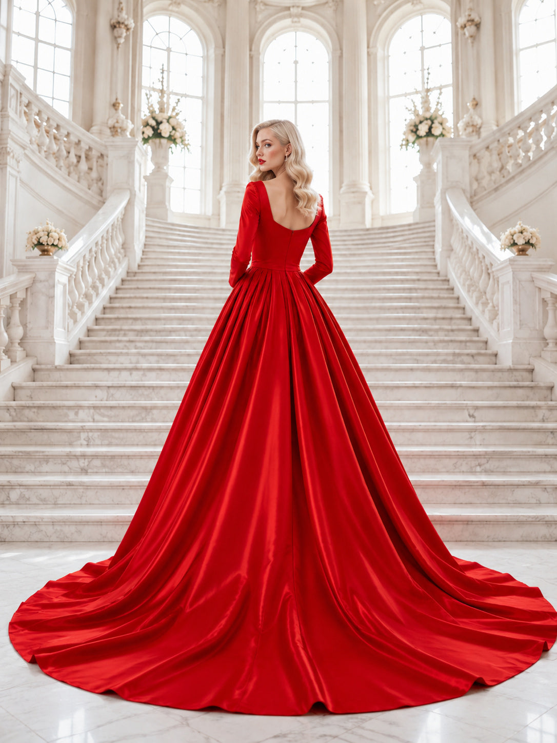 Red Long Sleeve Square Neck Satin Ball Gown Wedding Dress back view