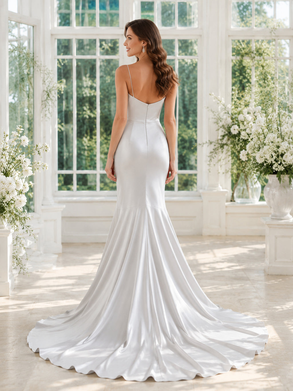 Silver Gray Cowl Neck Spaghetti Satin Mermaid Modern Wedding Gown back view