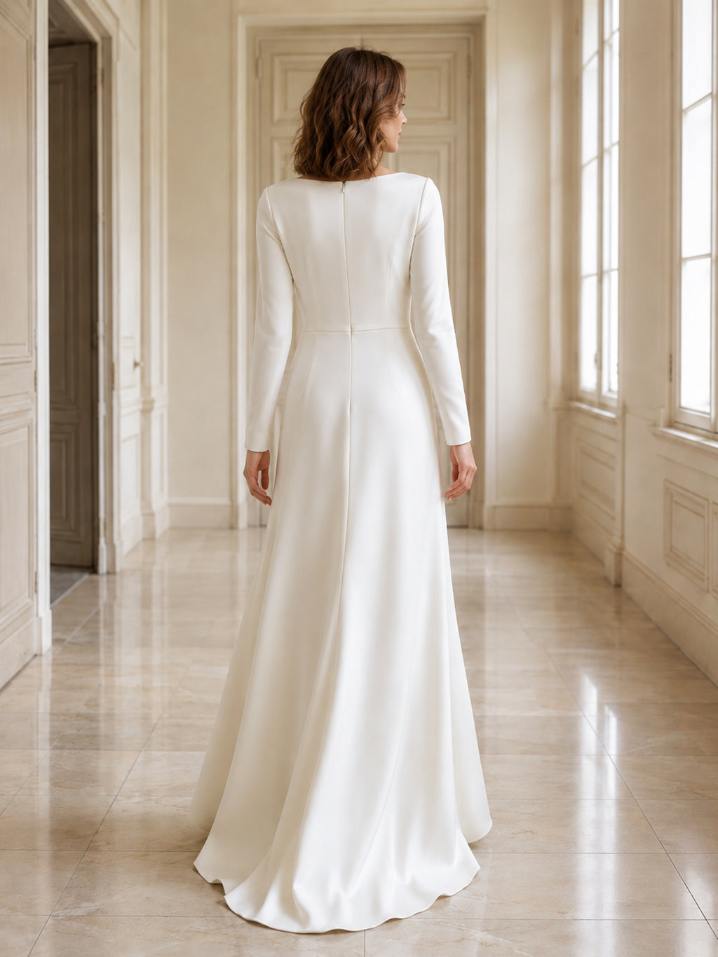 Minimalist Bateau Long Sleeve Satin Sheath Floor Civil Wedding Dress back view