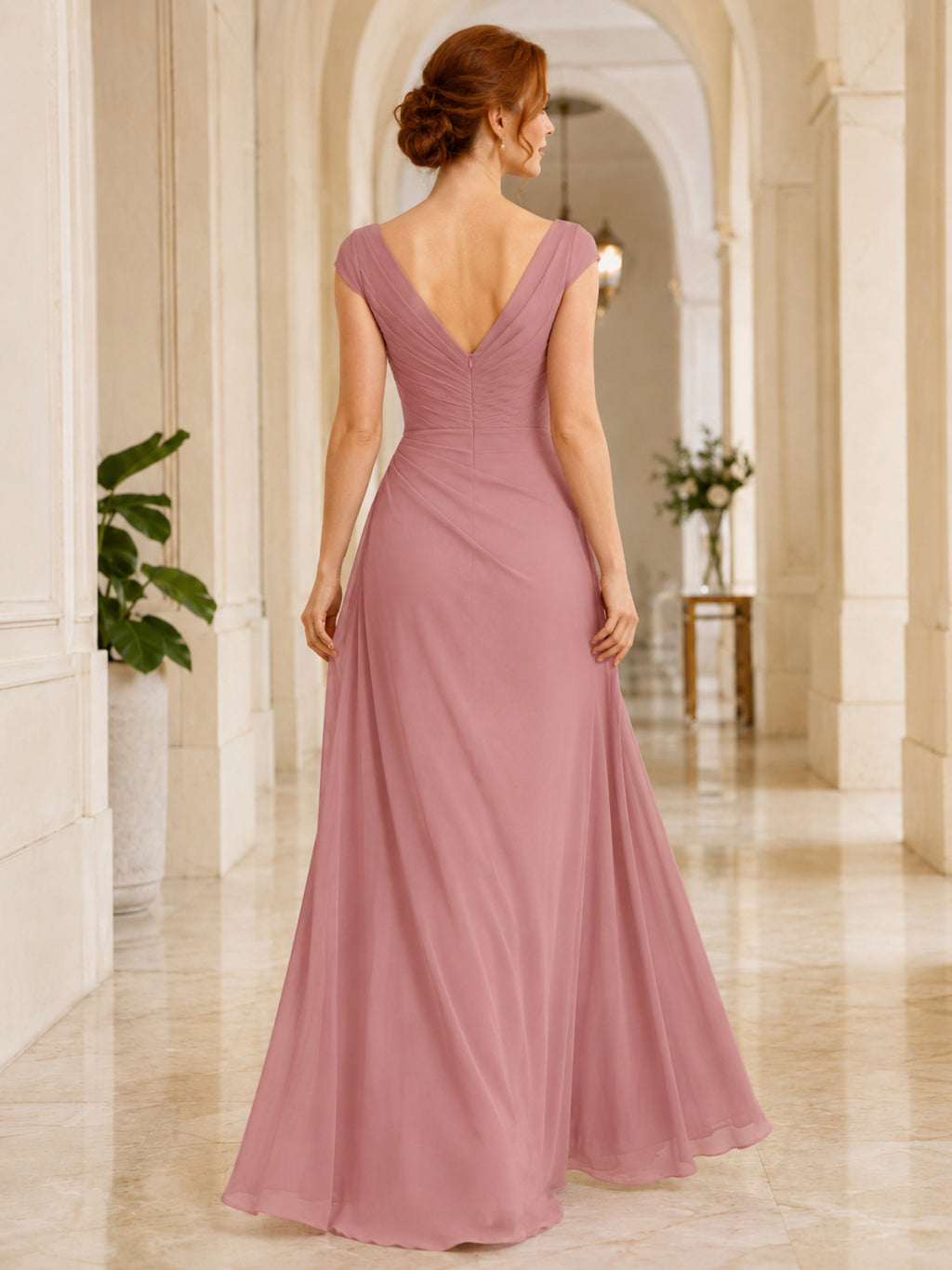 Dusty Rose V-Neck Chiffon Fit And Flare Formal Dress back view