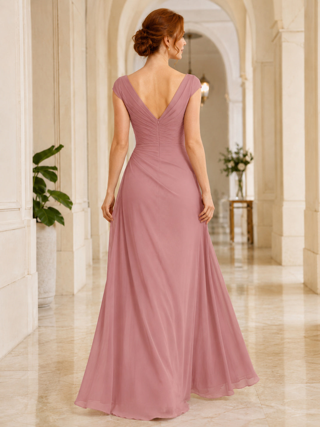 Dusty Rose V-Neck Chiffon Fit And Flare Formal Dress back view