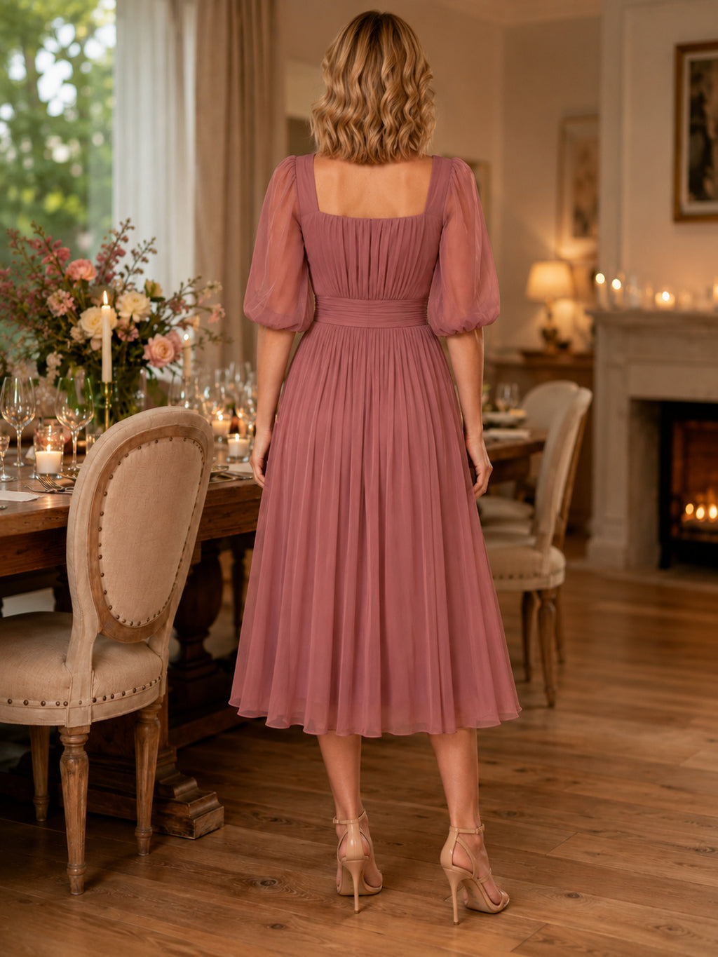 Dusty rose square neck puff sleeve pleated midi dress back view