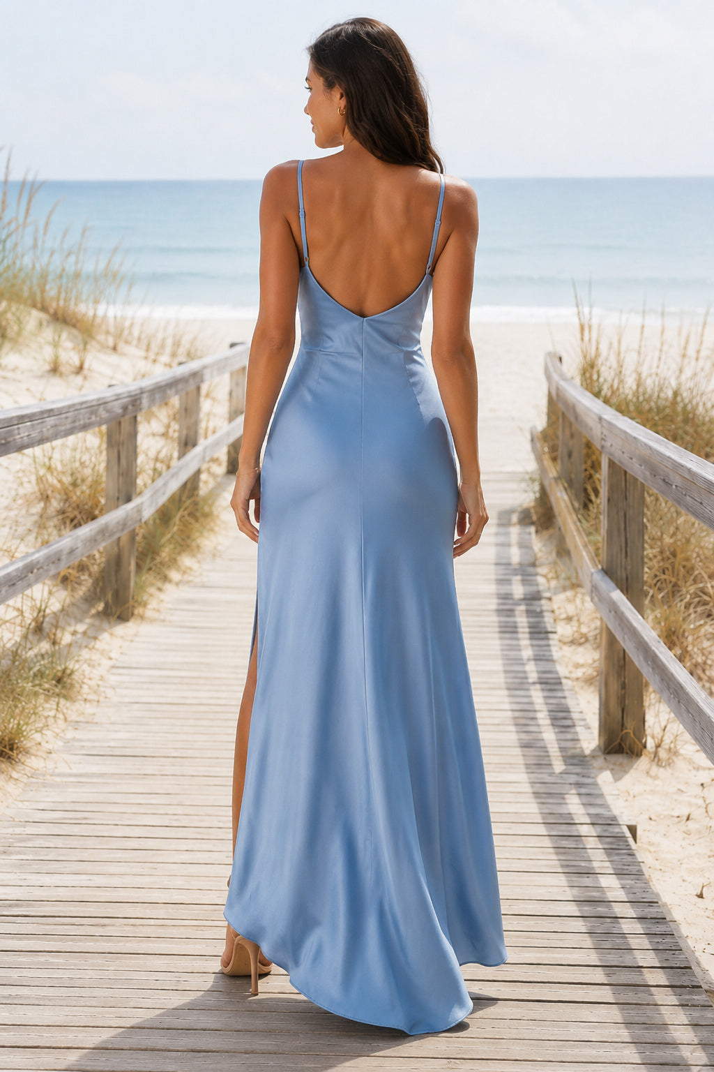 Sky Blue Cowl Neck Charmeuse Sheath Beach Bridesmaid Dress with Spaghetti Straps and Side Split back view