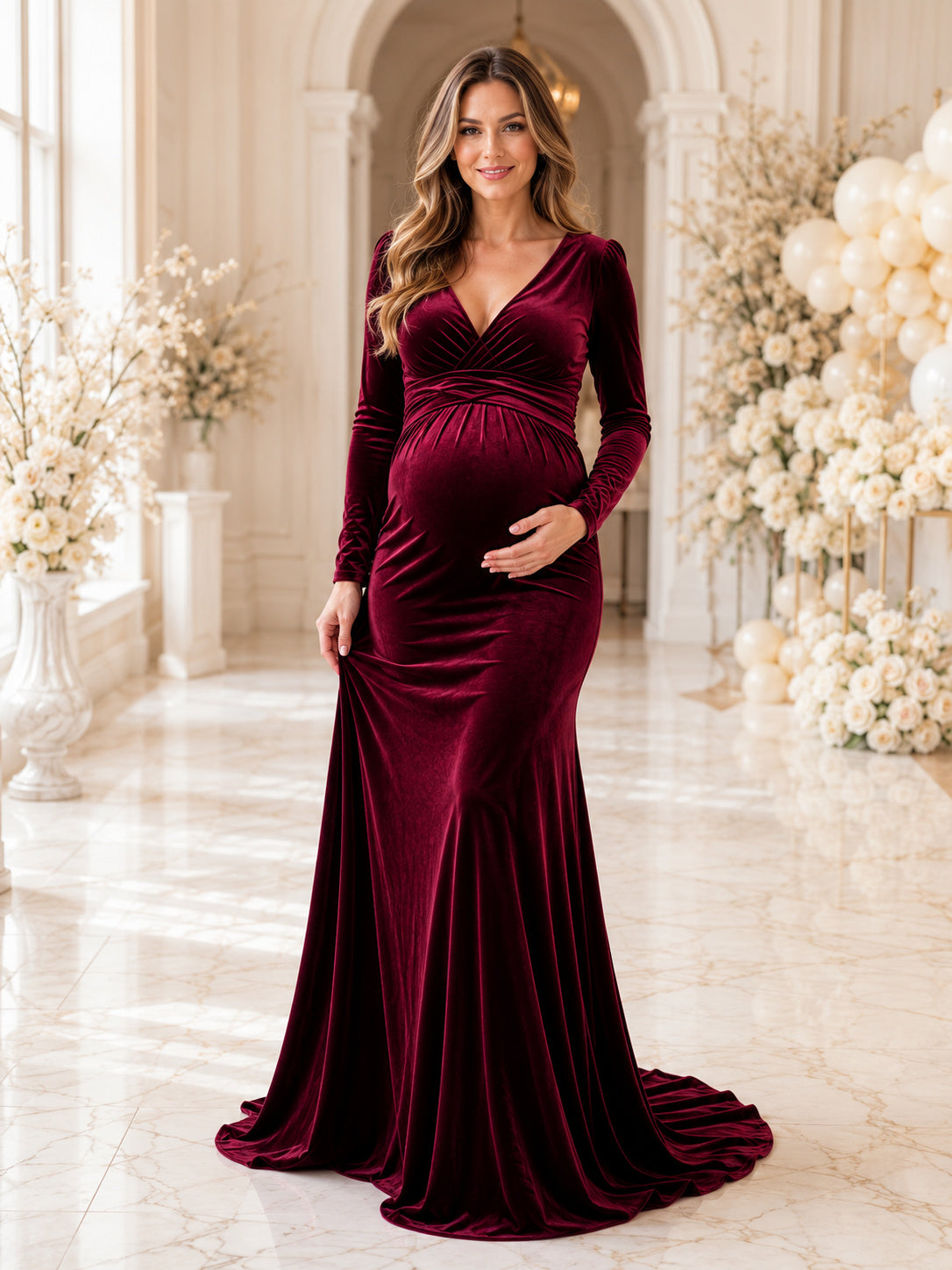 Burgundy Luxury Maternity Long Sleeve V Neck Velvet Mermaid Floor Length Evening Gown front view