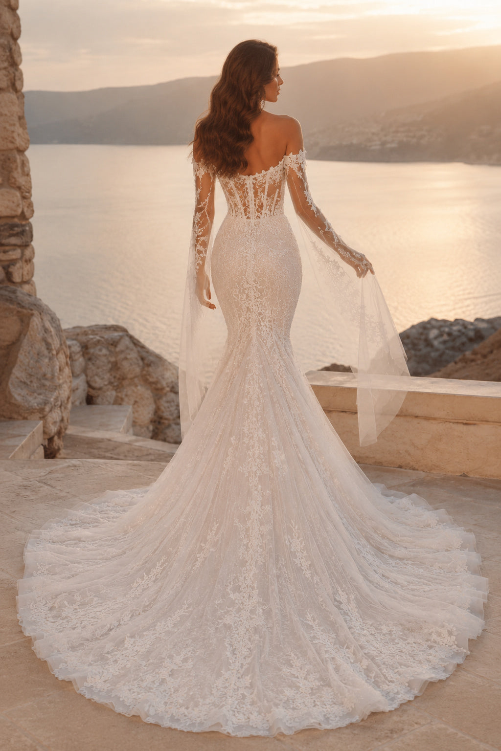 Wedding Mermaid Lace Dress with Off-Shoulder Long Sleeves and Chapel Train back view