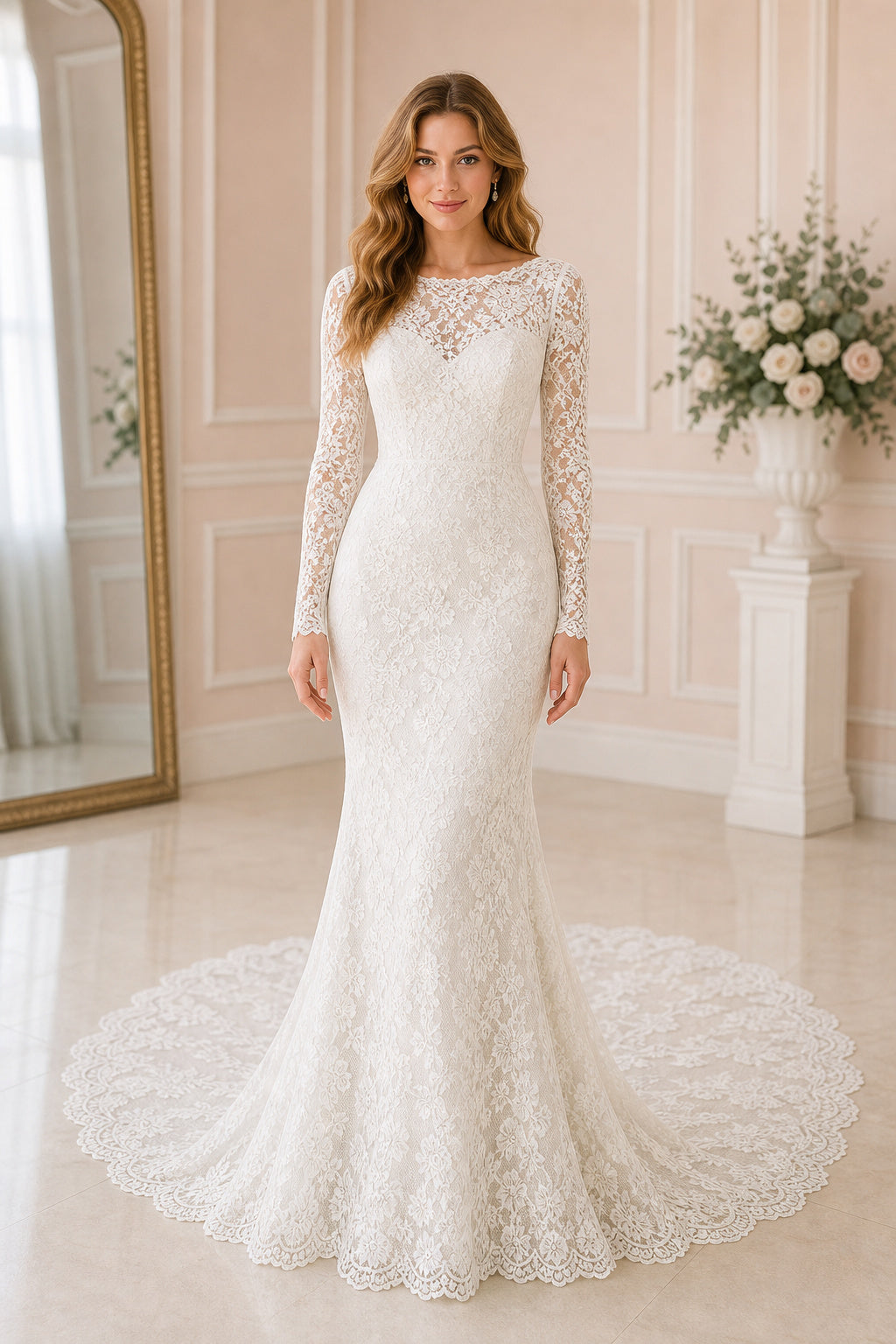 White V-neck Long Sleeves Mermaid Lace Floor-length Wedding Dress With Lace and Open Back