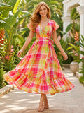 Vibrant Fuchsia Madras A Line Ankle Length V Neck Short Sleeve Ruffle Dress front view