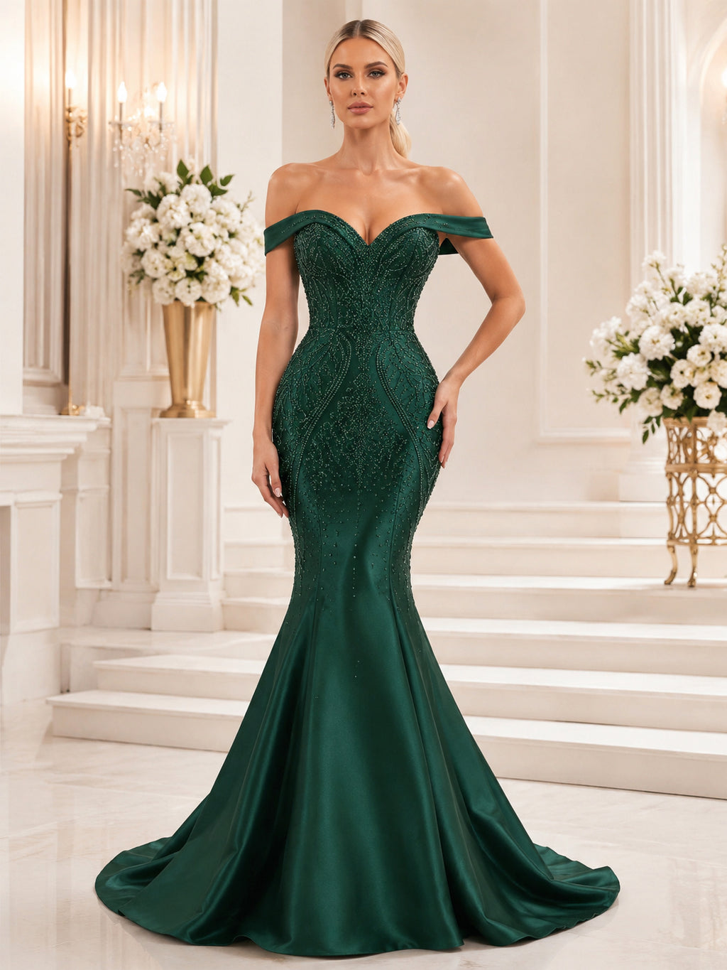 Dark Green Sequined Feria Gala Mermaid Floor Length Off Shoulder Train Gown front view