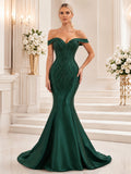 Dark Green Sequined Feria Gala Mermaid Floor Length Off Shoulder Train Gown front view