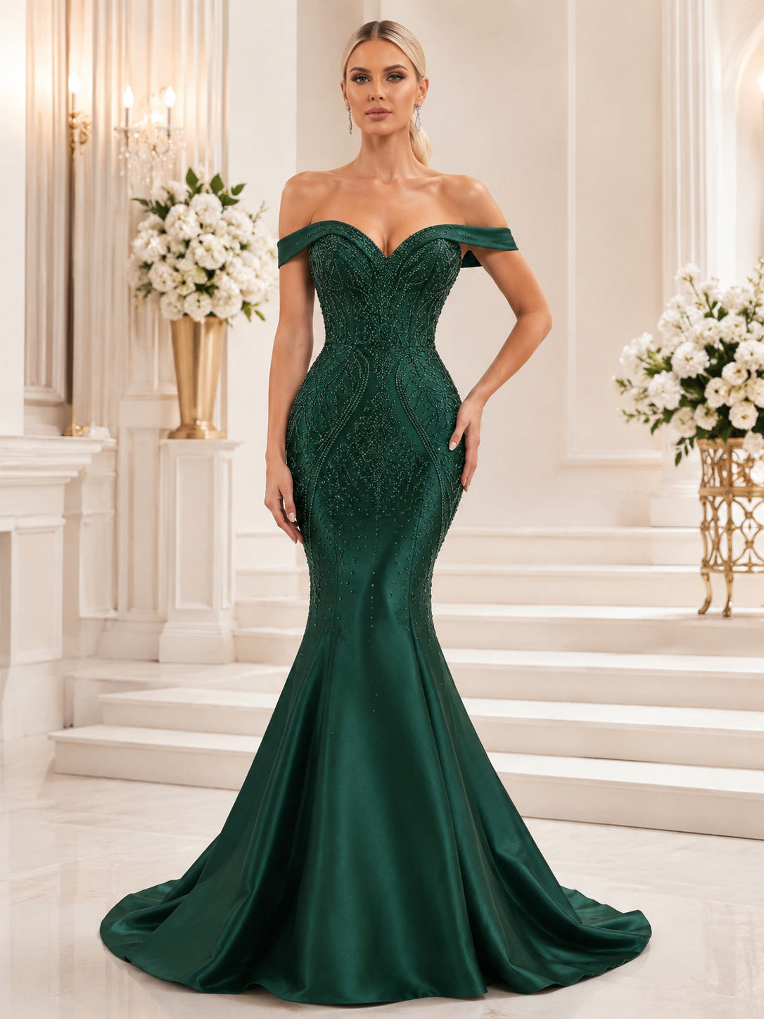Dark Green Sequined Feria Gala Mermaid Floor Length Off Shoulder Train Gown front view