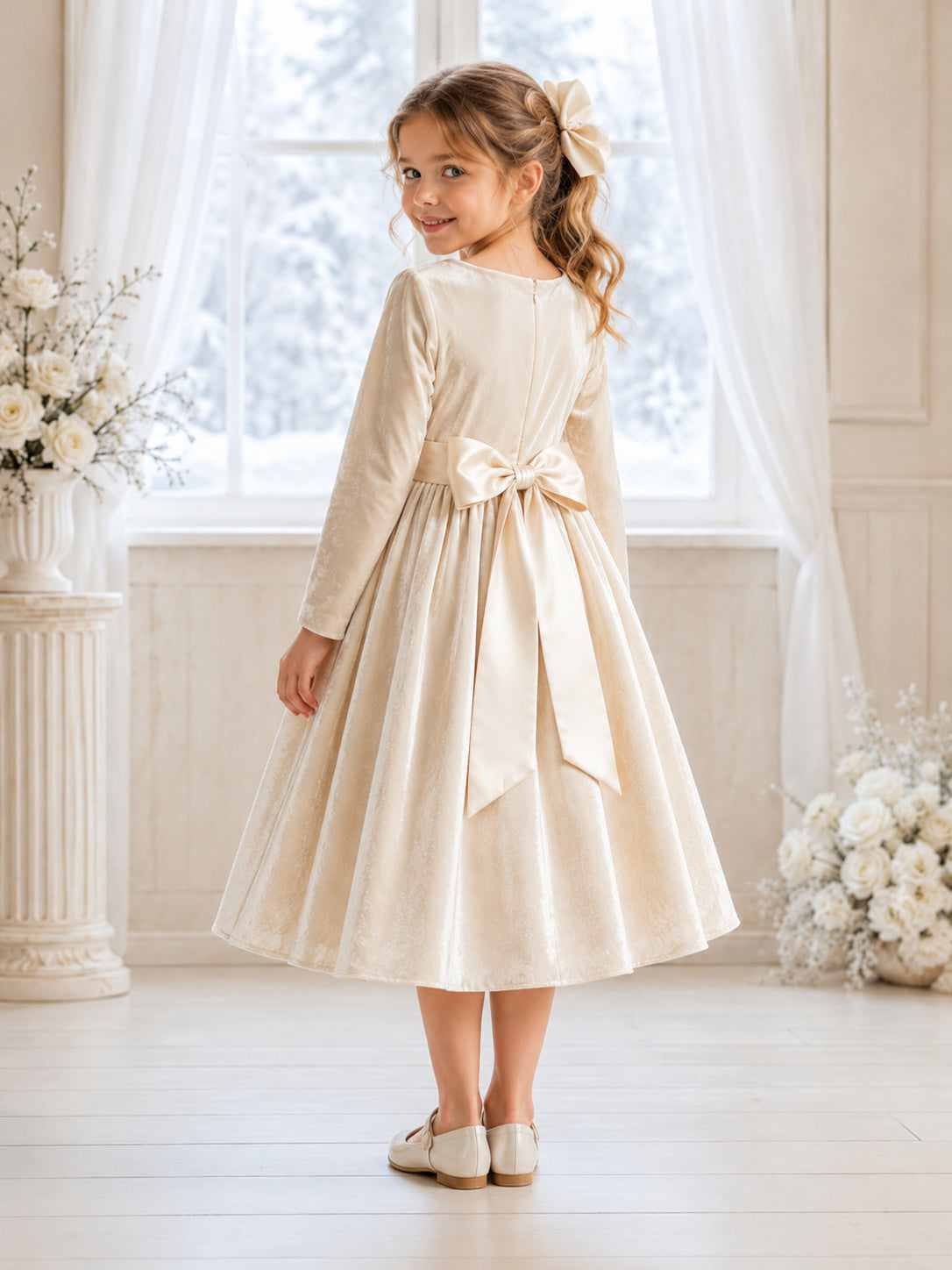 Vintage Tea-Length A-Line Winter Flower Girl Champagne Velvet Long Sleeve Sash Bow Jewel Neck Dress back view