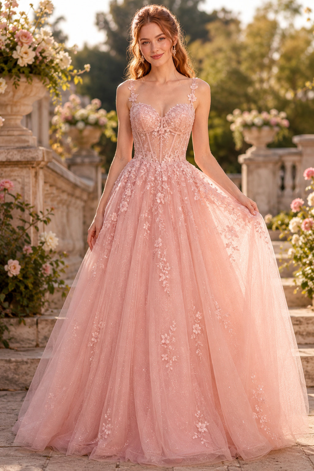Blushing Pink Spaghetti Strap Blush Lace Applique A Line Gown with Tulle Skirt Floor Length And Sweep/Brush Train A Line Prom