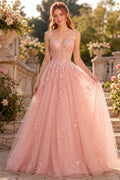 Blushing Pink Spaghetti Strap Blush Lace Applique A Line Gown with Tulle Skirt Floor Length And Sweep/Brush Train A Line Prom