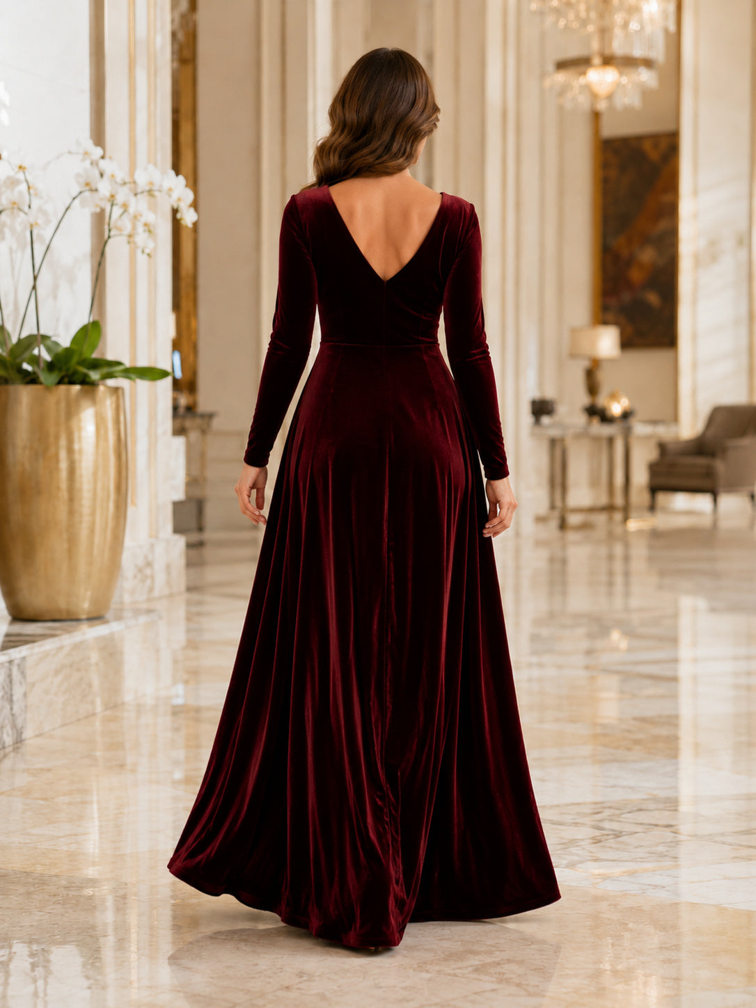 Burgundy Long Sleeve Velvet A-Line Formal Dress back view