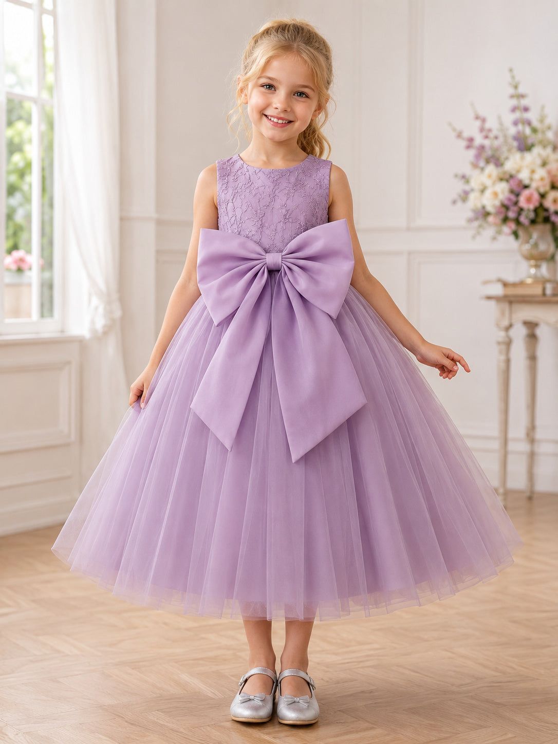 Lavender Tulle A-Line Flower Girl Dress with Oversized Front Bow front view