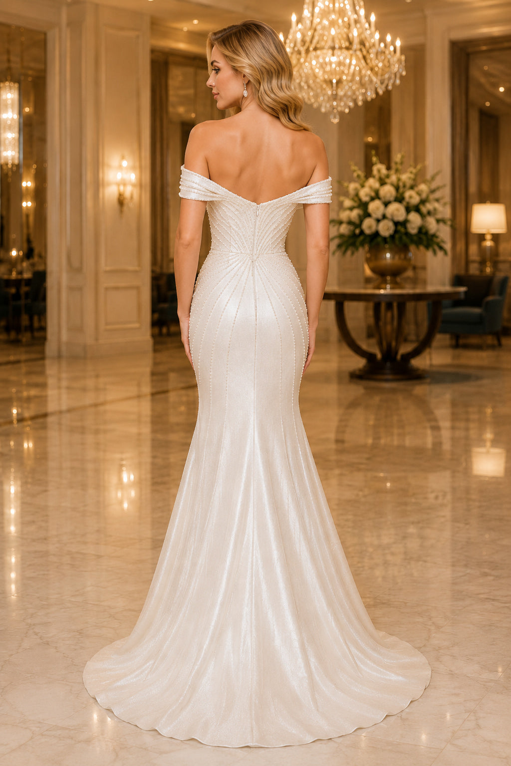 Ivory Off-the-Shoulder Satin Mermaid Wedding Dress with Beaded Bodice back view