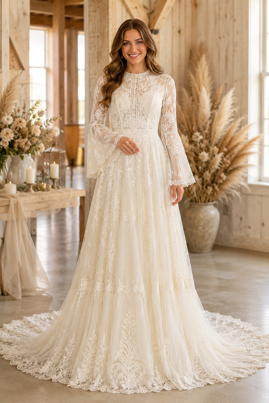 Ivory Boho High Neck A-Line Lace Tulle Wedding Dress with Long Bell Sleeves and Chapel Train front view