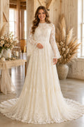 Ivory Boho High Neck A-Line Lace Tulle Wedding Dress with Long Bell Sleeves and Chapel Train front view