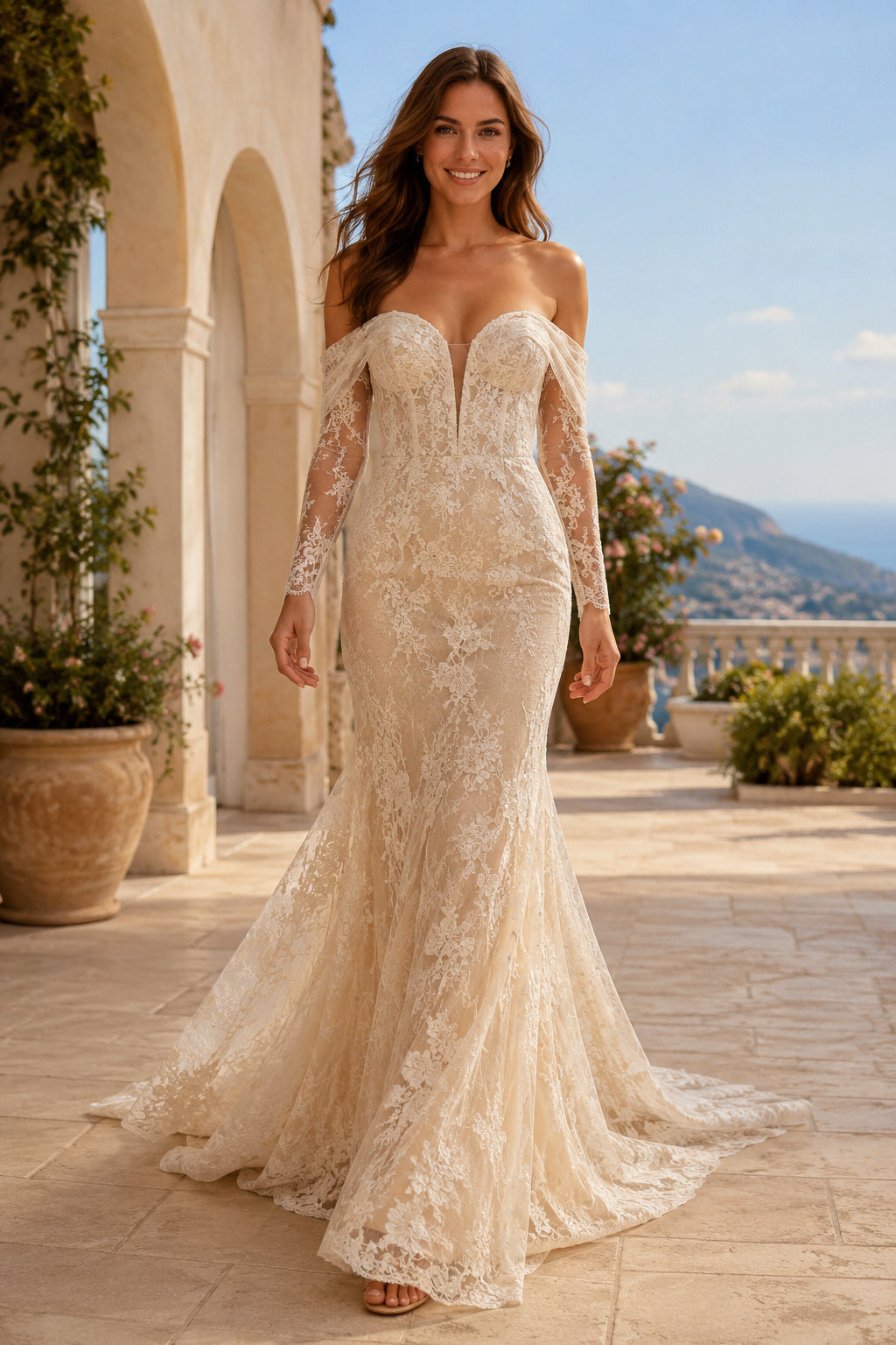 Champagne Sexy Off-the-Shoulder Mermaid Champagne Lace Wedding Dress with Detached Long Lace Sleeves and Chapel Train Style M