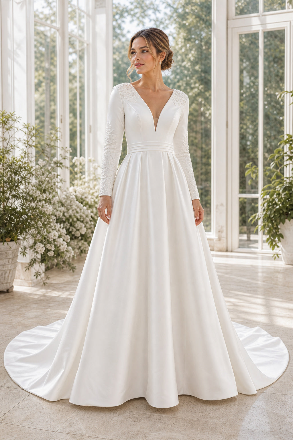 White V-neck Flutter Sleeves Ball Gown Tulle Floor-length Wedding Dress With Layered Skirt and Beaded Bodice and Open Back