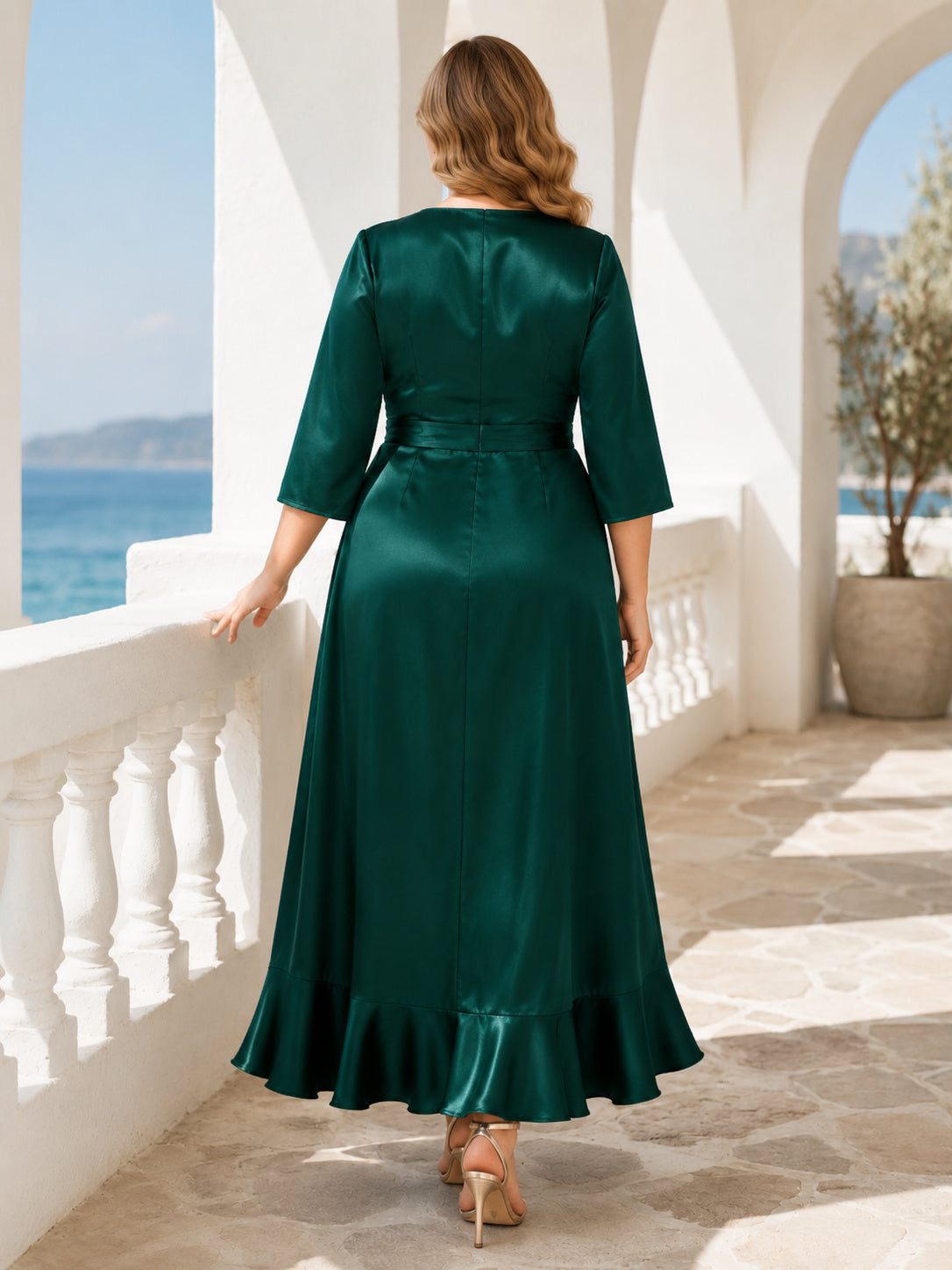 Dark Green V Neck Three Quarter Sleeve Satin High Low Plus Size Guest Dress back view