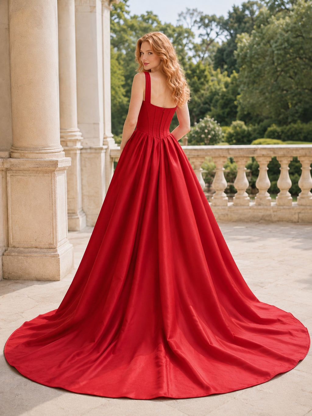 Red Square Neck Strap Satin Ball Gown Corset Wedding Dress back view