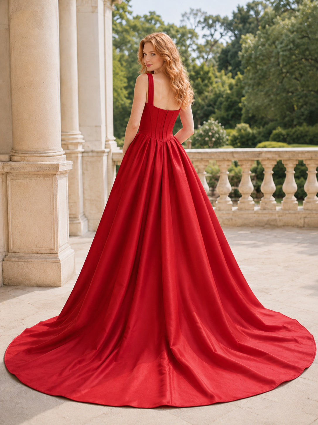 Red Square Neck Strap Satin Ball Gown Corset Wedding Dress back view
