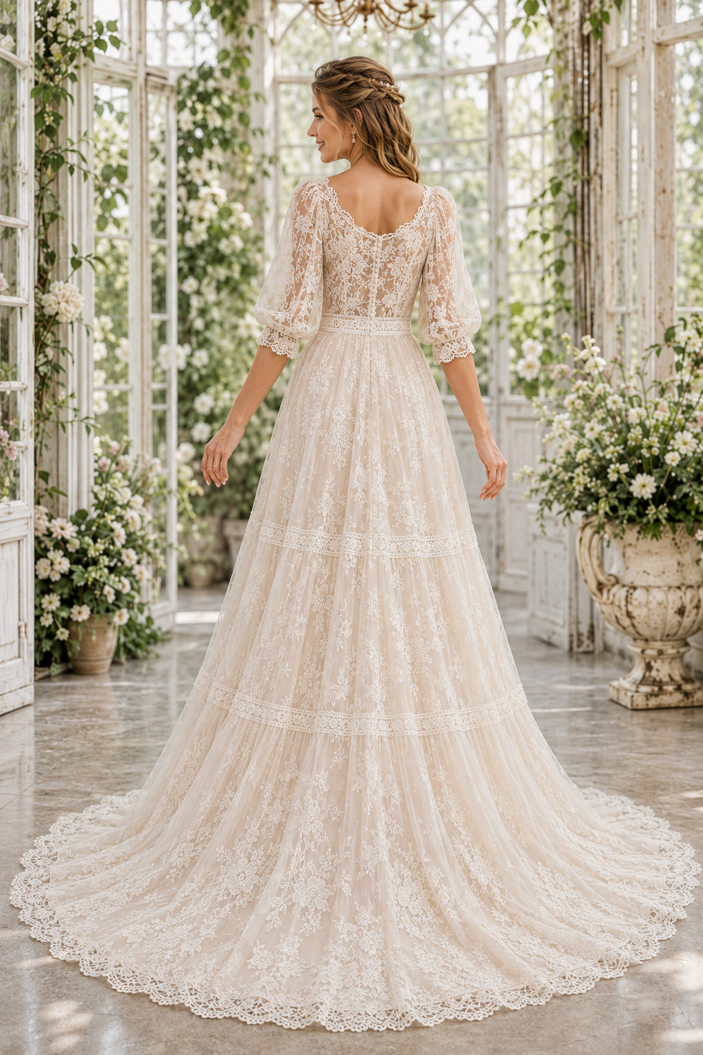Square Neck Three Quarter Sleeve A-Line Wedding Dress with Tiered Lace Train for Beach Garden Ceremony back view
