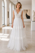 White Bateau Three-Quarter Sleeves A-Line Lace Floor-length Wedding Dress With Lace and Sweep Train and Open Back