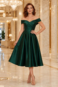 Dark Green Off-the-Shoulder Satin Tea-Length A-Line Bridesmaid Cocktail Dress for Guest Events front view