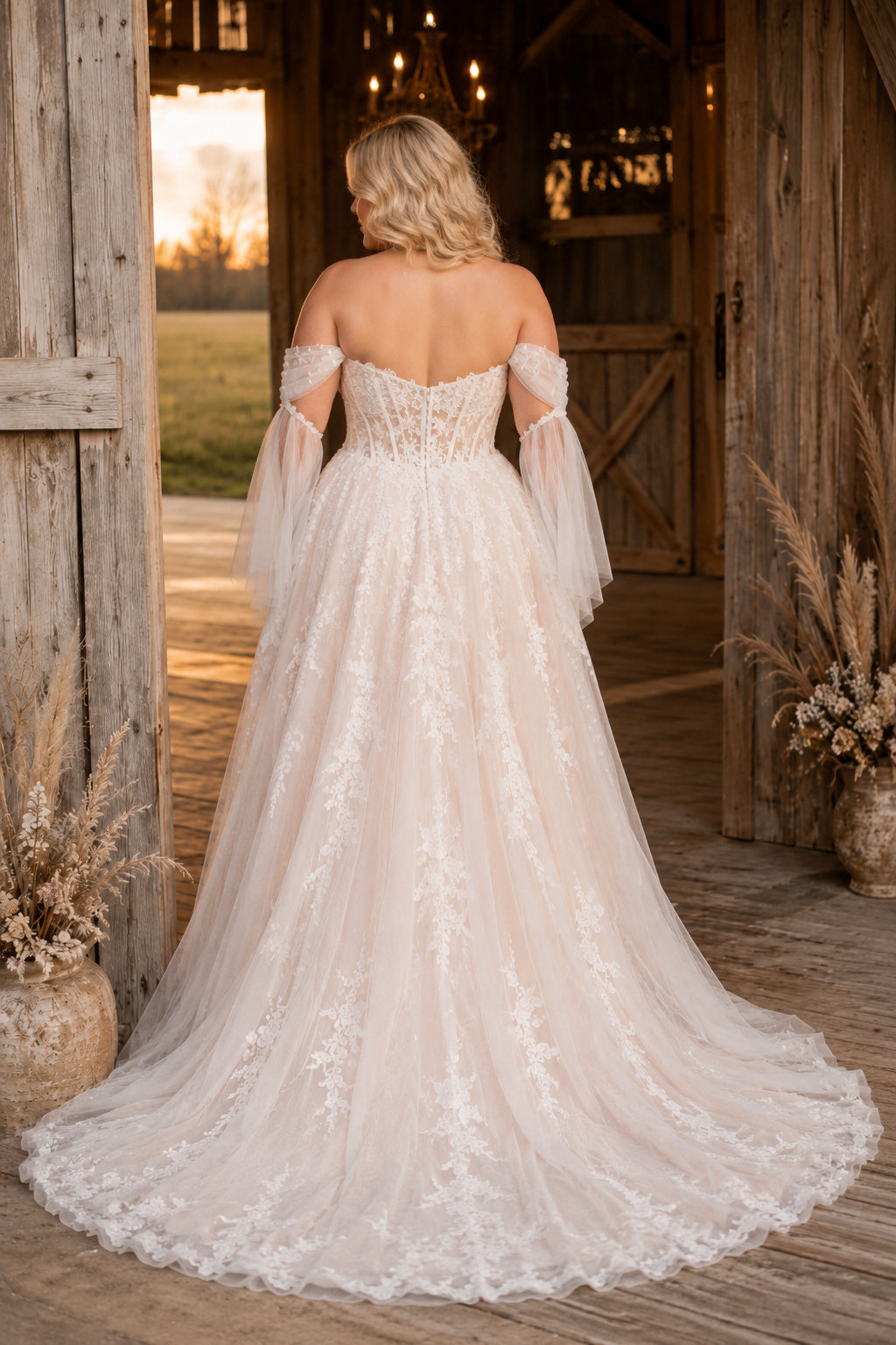 Plus Size Blushing Pink Off-the-Shoulder Sweetheart Puff Sleeve Lace Tulle A-Line Wedding Dress with Blush Lace Appliques and