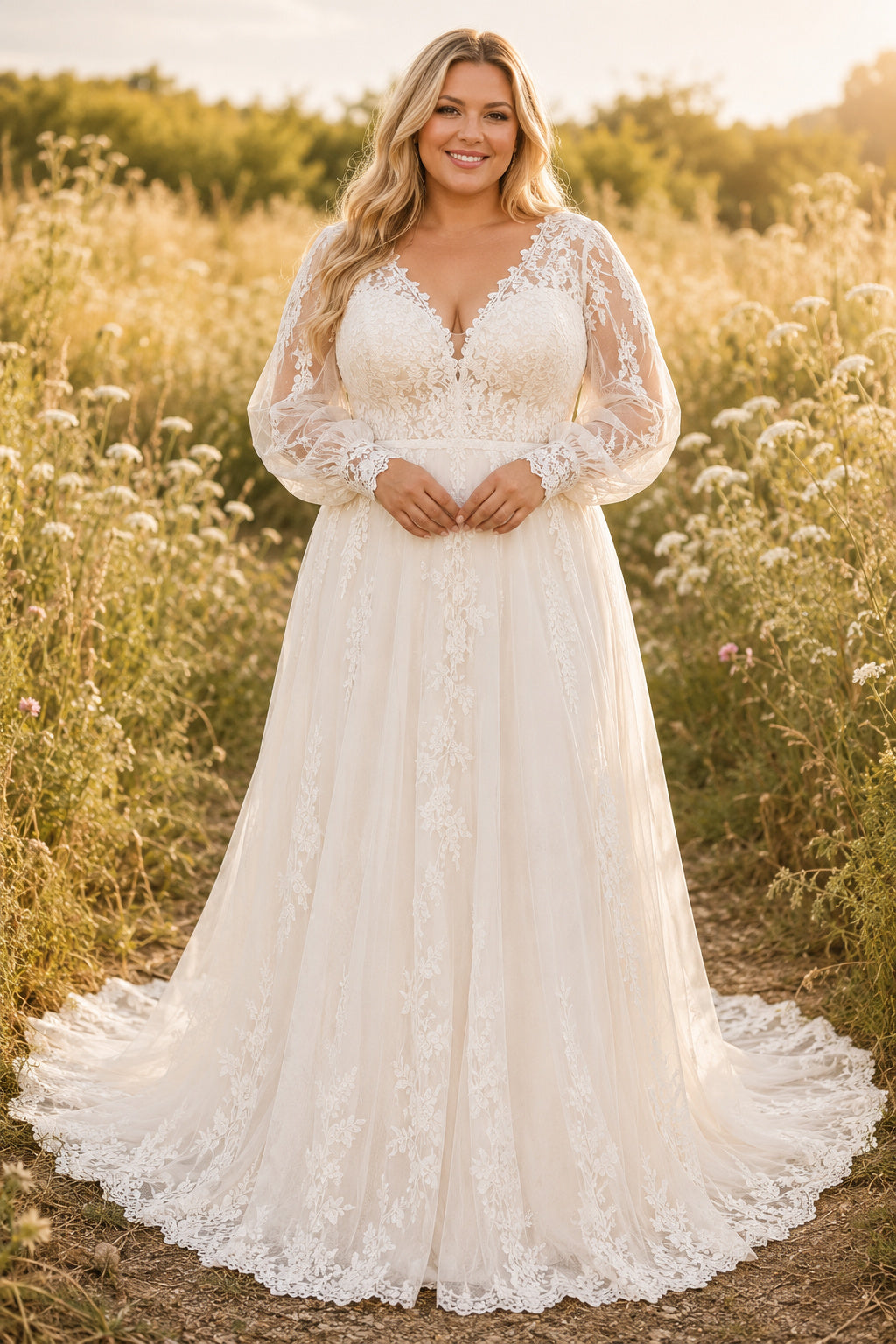 Plus Size Ivory V-Neck Bishop Sleeve Lace Tulle A-Line Wedding Dress with Lace Bishop Sleeves and Chapel Train front view