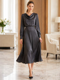 Charcoal Cowl Neck Long Sleeve Satin Memorial Midi Dress front view