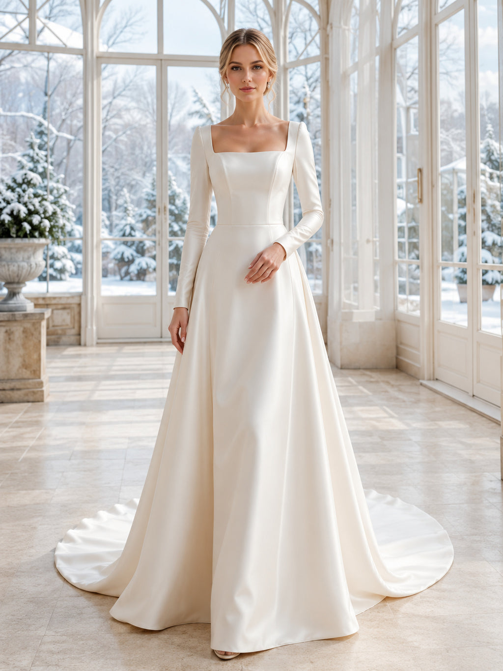 Winter Square Neck Satin Wedding A Line Long Sleeve Chapel Train front view