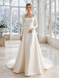 Winter Square Neck Satin Wedding A Line Long Sleeve Chapel Train front view