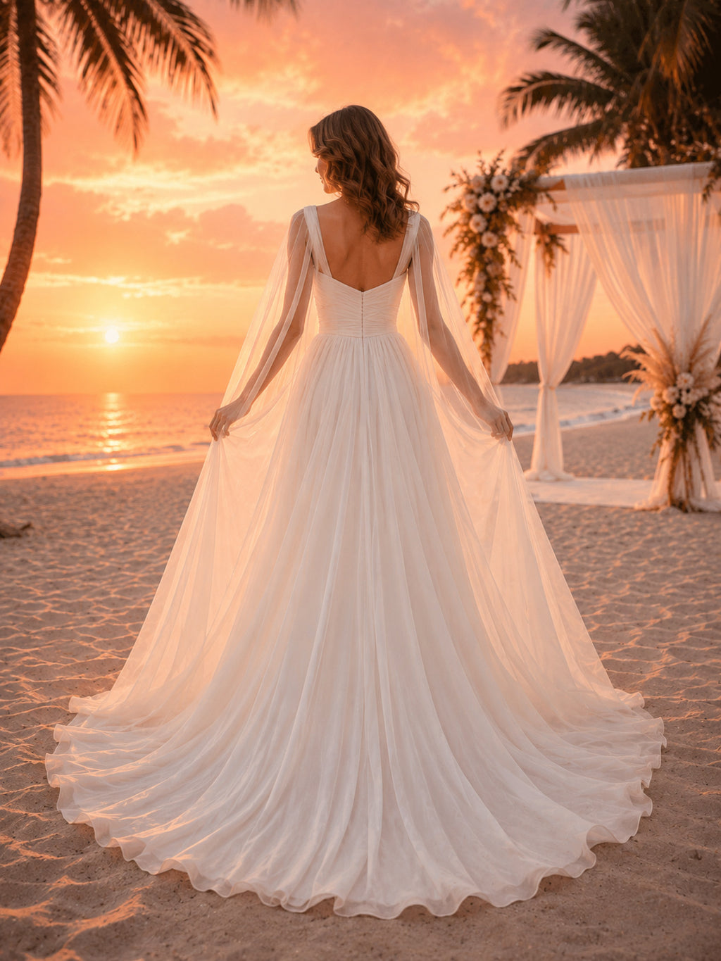 Beach Sweetheart Strap Chiffon A-Line Destination Wedding Dress back view