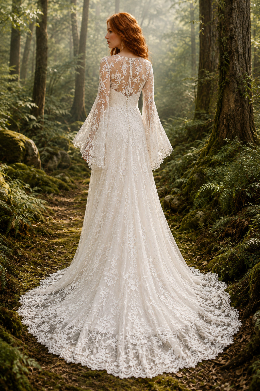 Ivory Bell Sleeve Mermaid Lace Wedding Dress with Illusion Bodice and Train back view
