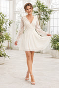 Ivory V-Neck Long Sleeve Chiffon A-Line Mini Cocktail Dress with Lace Sleeves front view