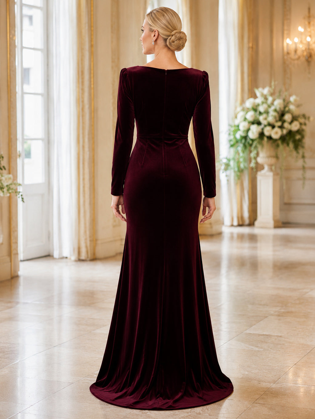 Burgundy High Back Velvet Long Sleeve Formal Dress back view