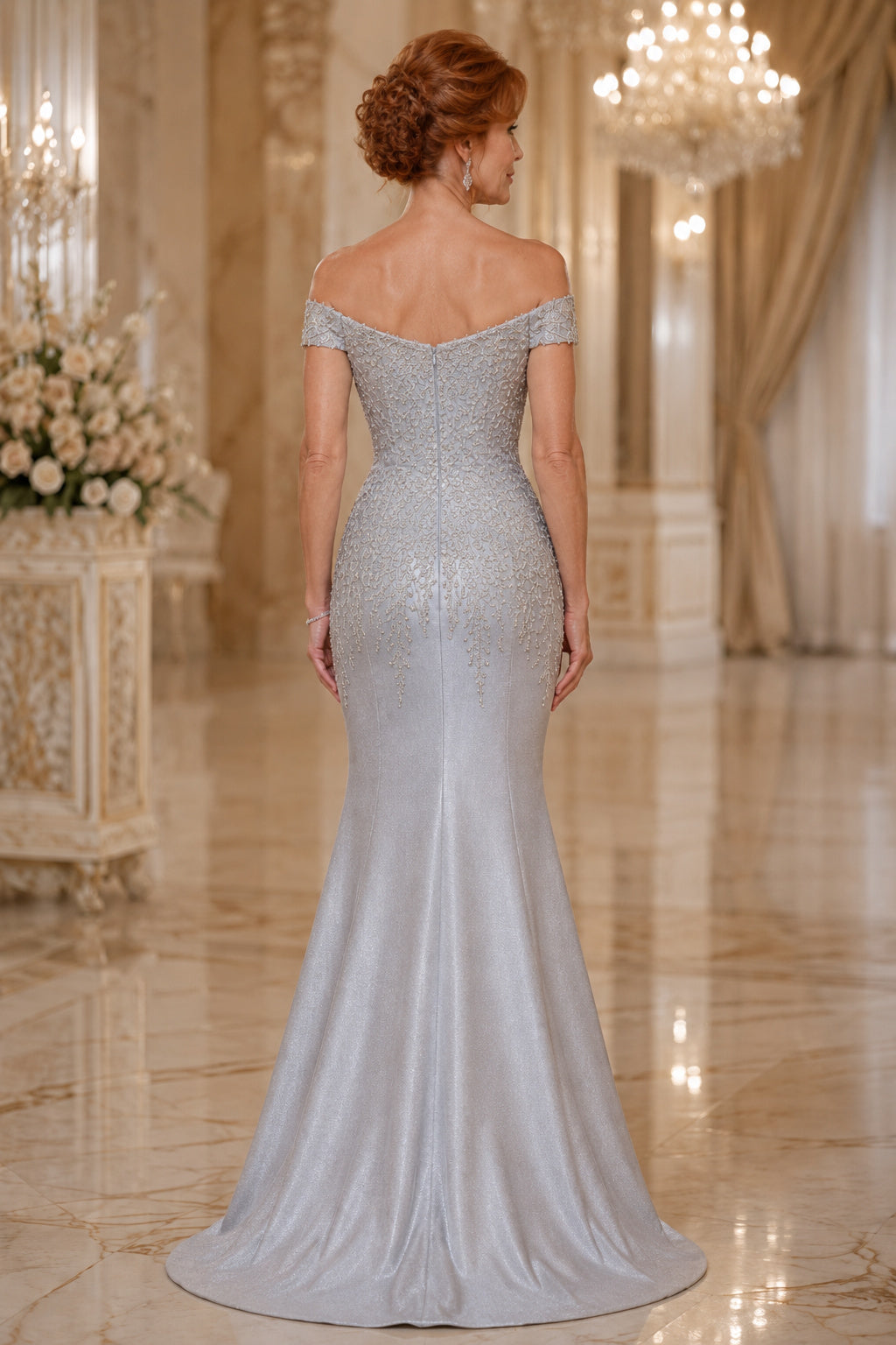 Silver Off Shoulder Mermaid Mother Dress with Beaded Bodice and Satin Skirt back view