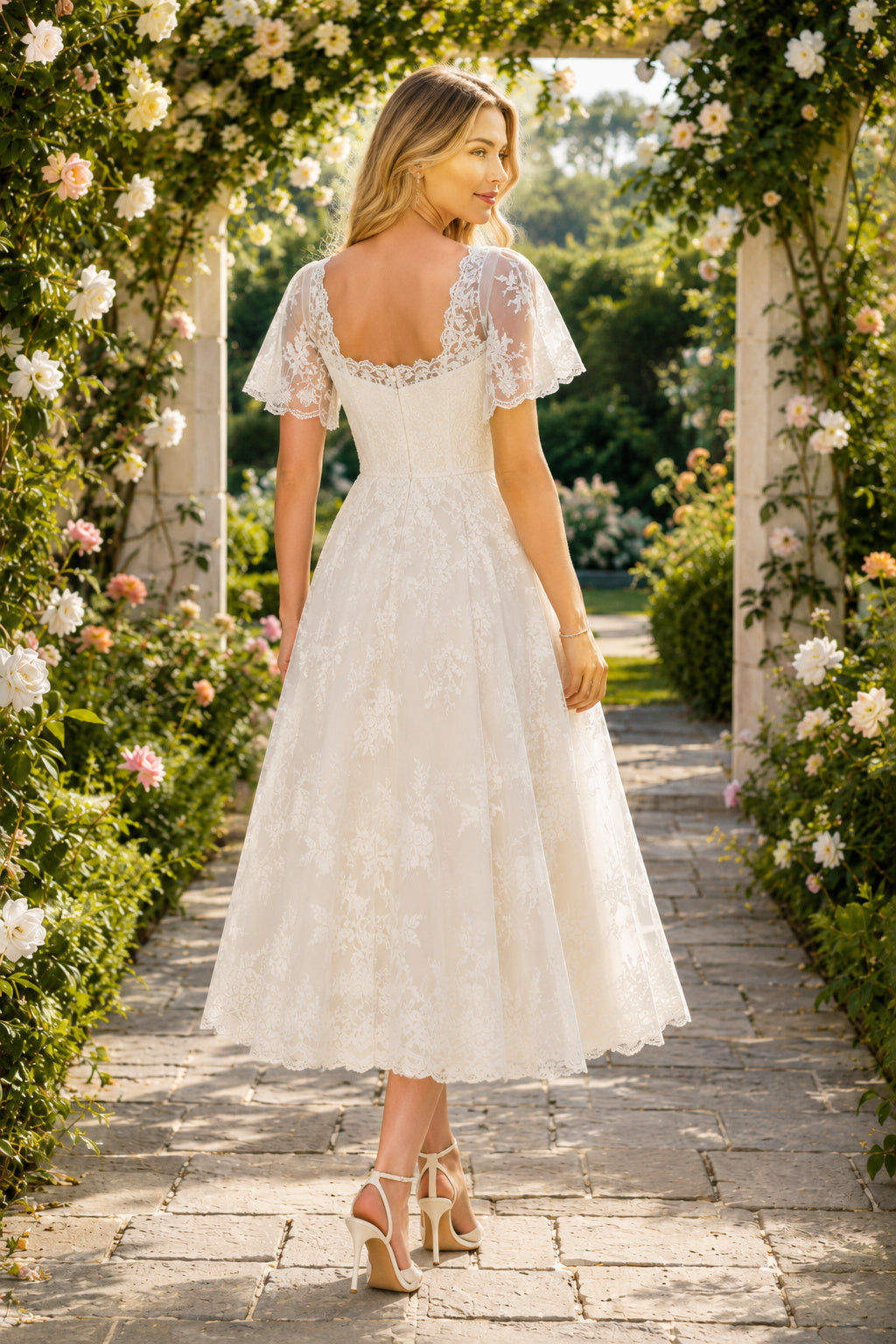 Ivory V-Neck Flutter Sleeve Lace Tea-Length Wedding Dress with Flutter Lace Sleeves and Scalloped Hem back view
