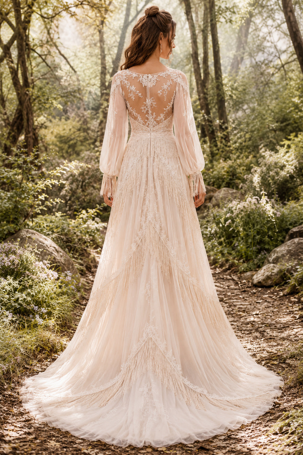 Blushing Pink Long Sleeve Illusion Lace A-Line Wedding Dress with Soft Tulle Skirt back view