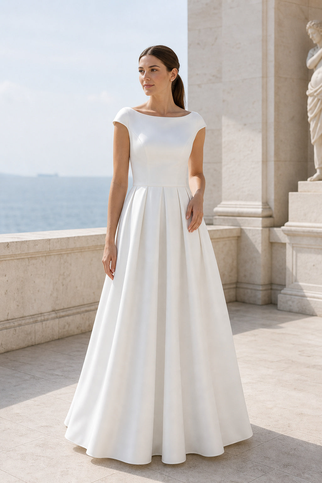 White V-neck Flutter Sleeves A-Line Crepe Floor-length Wedding Dress With Layered Skirt and Beaded Bodice and Open Back