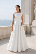 White V-neck Flutter Sleeves A-Line Crepe Floor-length Wedding Dress With Layered Skirt and Beaded Bodice and Open Back