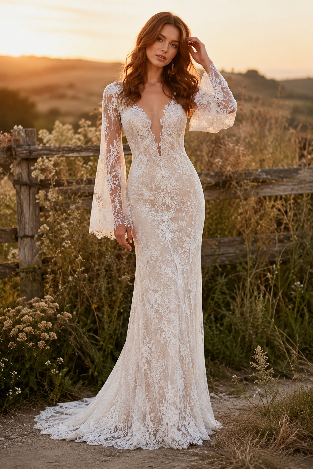 Ivory Long Sleeve Lace Mermaid Wedding Dress Sweep Train for Wedding Ceremony and Reception Style MG_701455 front view