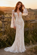 Ivory Long Sleeve Lace Mermaid Wedding Dress Sweep Train for Wedding Ceremony and Reception Style MG_701455 front view