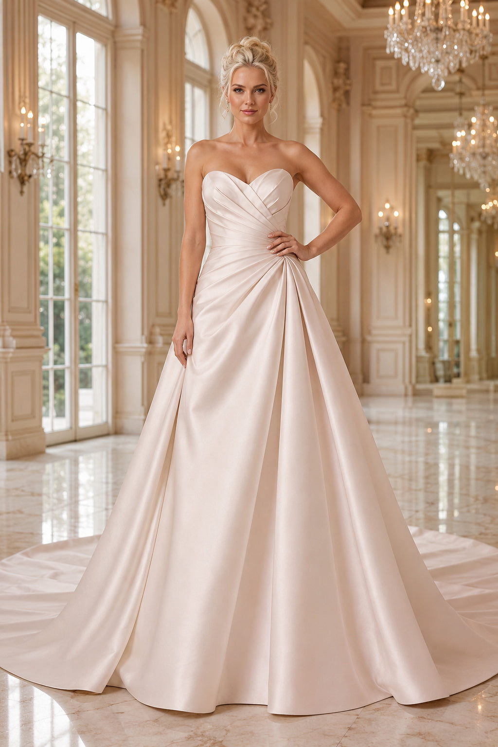 Strapless Satin A-Line Wedding Dress with Side Draping front view