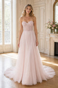 Ivory Illusion Ball Gown Tulle Floor-length Wedding Dress With Floral Appliques and Front Slit