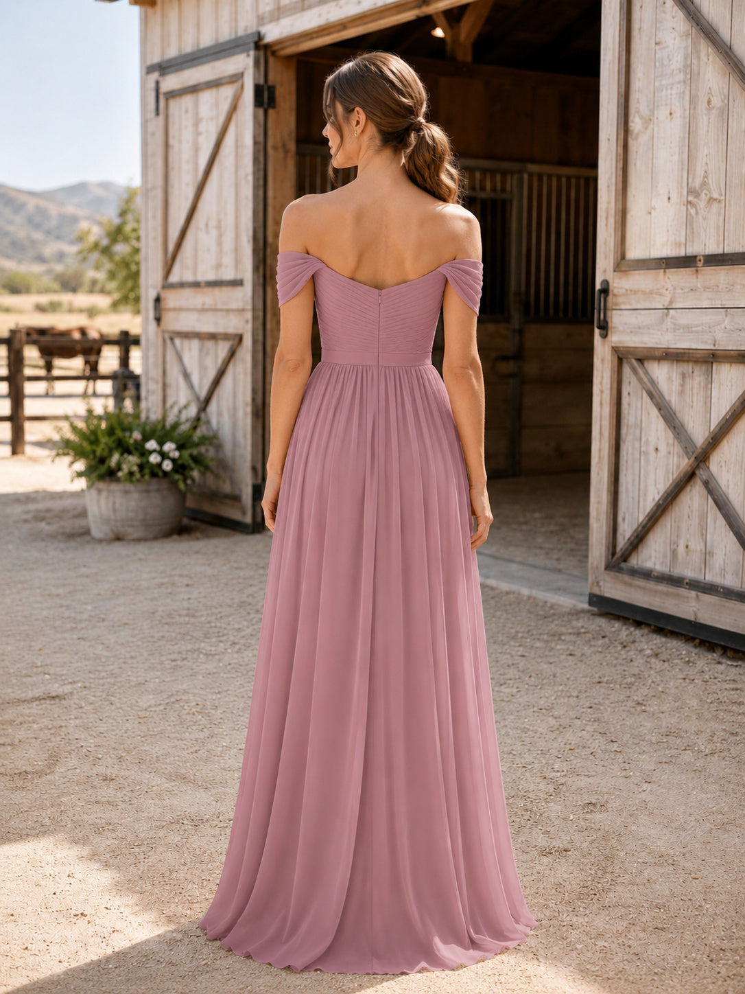 Dusty Rose Chiffon A-Line Off-Shoulder Sweetheart Short Sleeve Pleated Zip Back Floor-Length Bridesmaid Dress back view