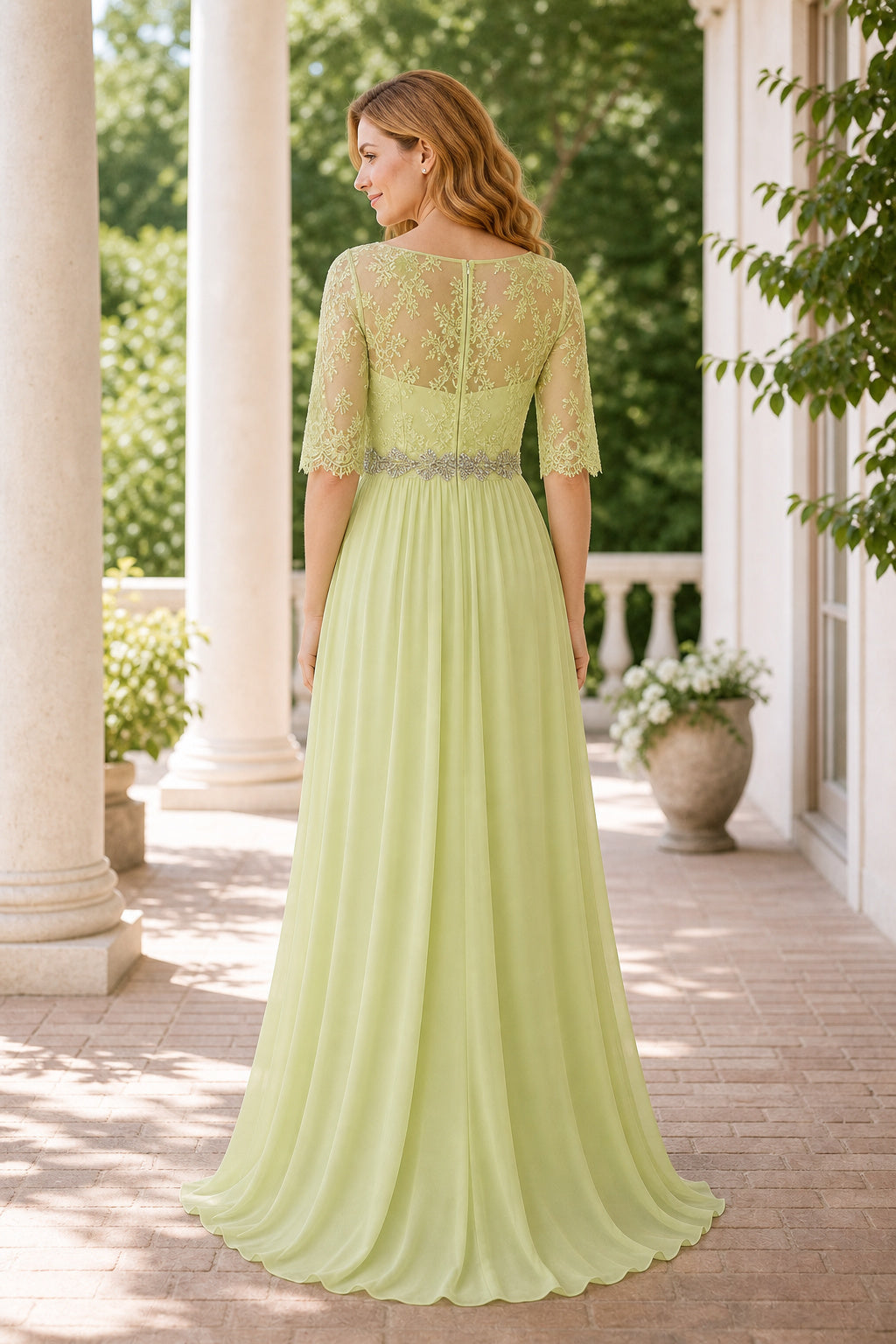 Lime Bateau Three-Quarter Sleeve A-Line Chiffon Floor-Length Dress With Lace Bodice